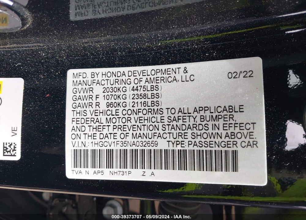 2022 HONDA ACCORD SPORT VIN: 1HGCV1F35NA032659