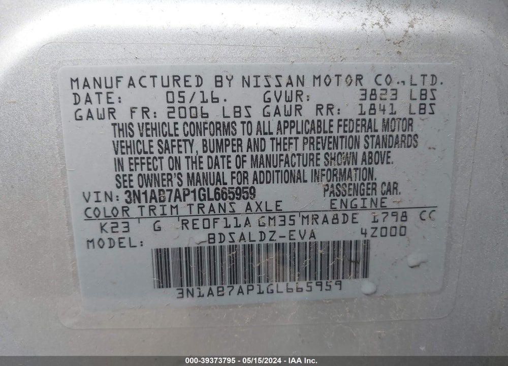 2016 NISSAN SENTRA VIN: 3N1AB7AP1GL665959