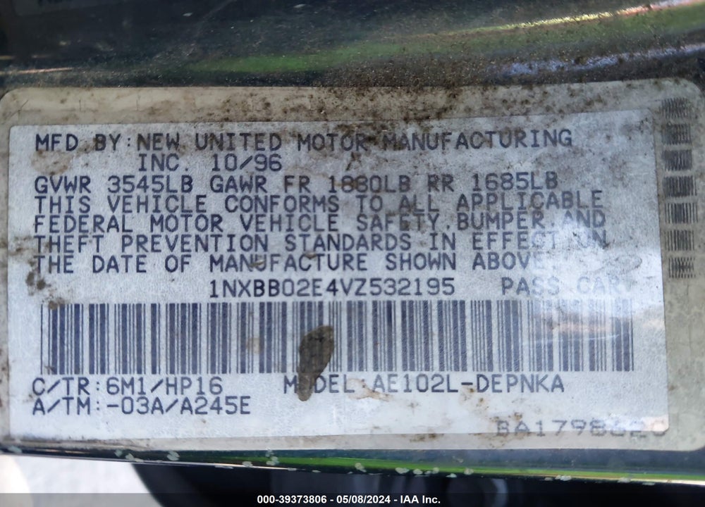 1997 TOYOTA COROLLA DX VIN: 1NXBB02E4VZ532195