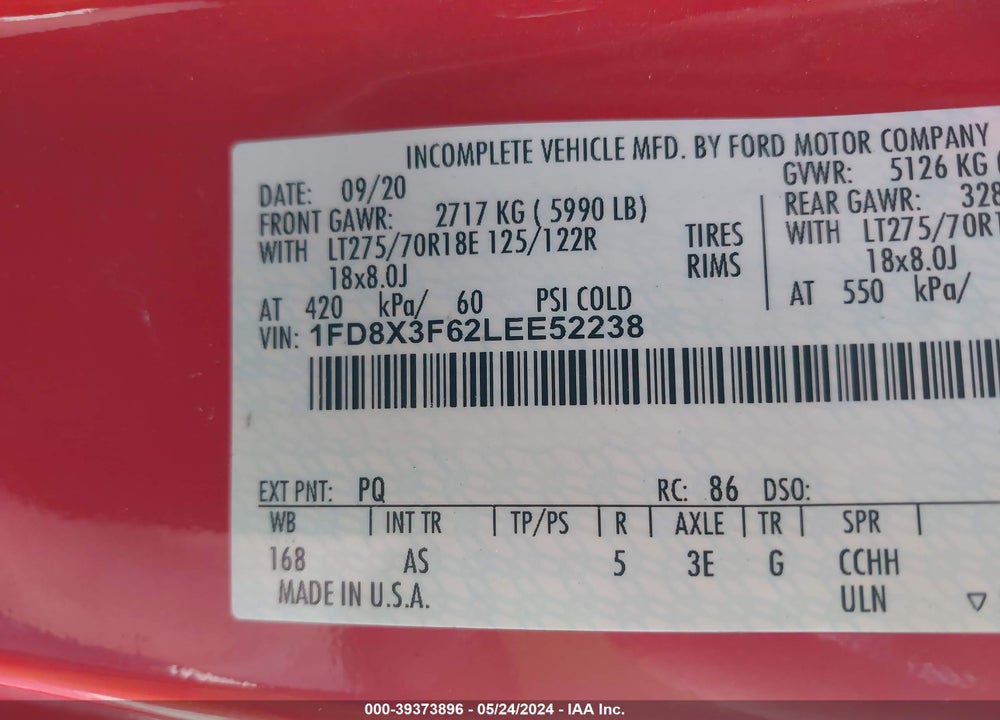 2020 FORD F-350 CHASSIS XL VIN: 1FD8X3F62LEE52238