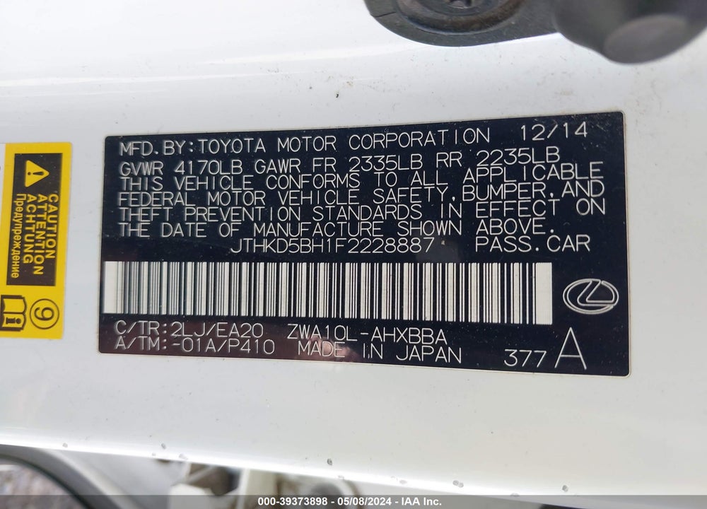 2015 LEXUS CT 200H VIN: JTHKD5BH1F2228887