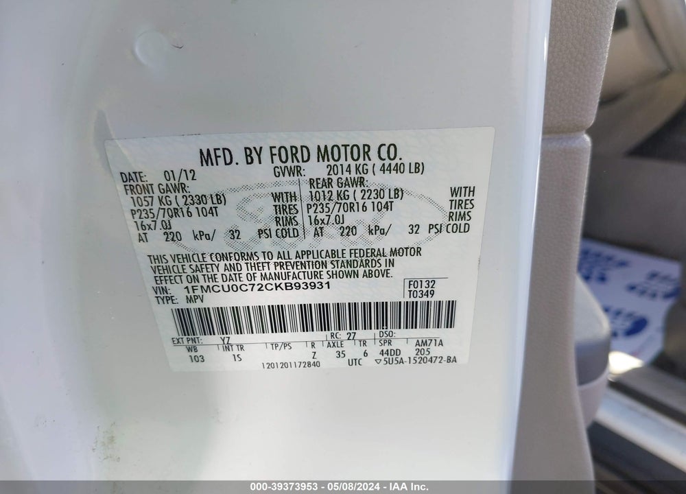 2012 FORD ESCAPE XLS VIN: 1FMCU0C72CKB93931