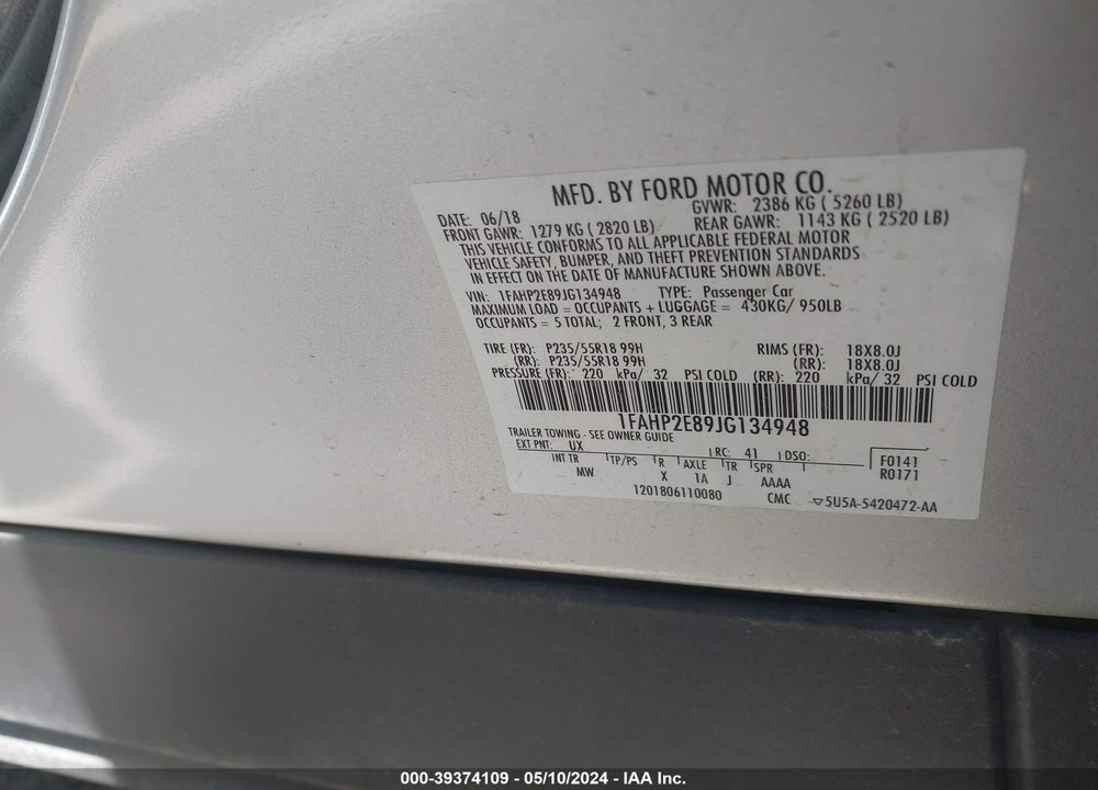 2018 FORD TAURUS VIN: 1FAHP2E89JG134948