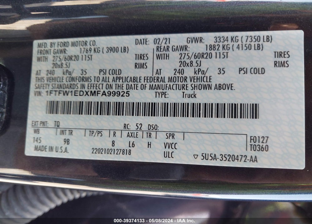 2021 FORD F-150 PLATINUM VIN: 1FTFW1EDXMFA99925