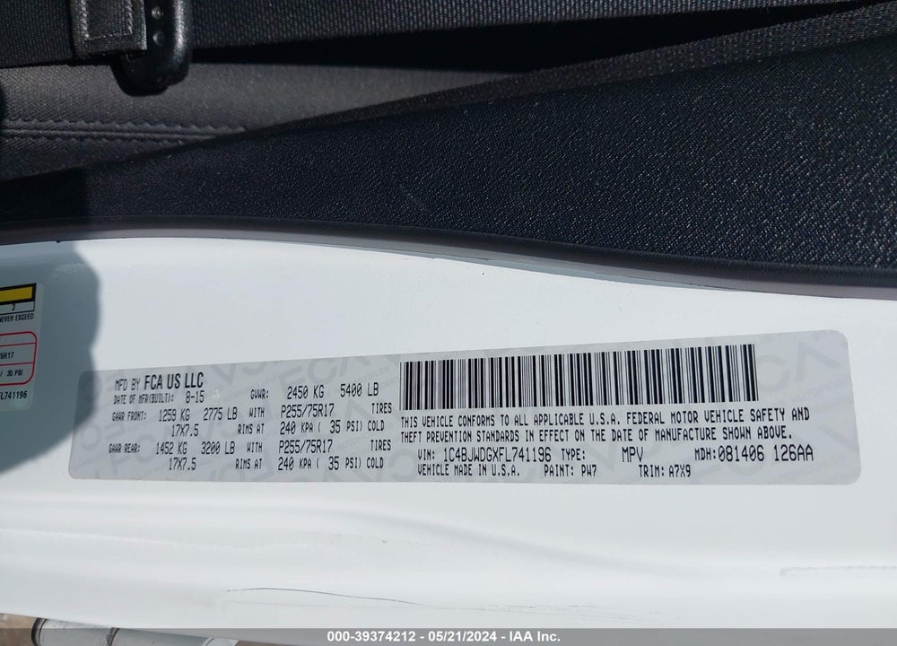 2015 JEEP WRANGLER UNLIMITED SPORT VIN: 1C4BJWDGXFL741196