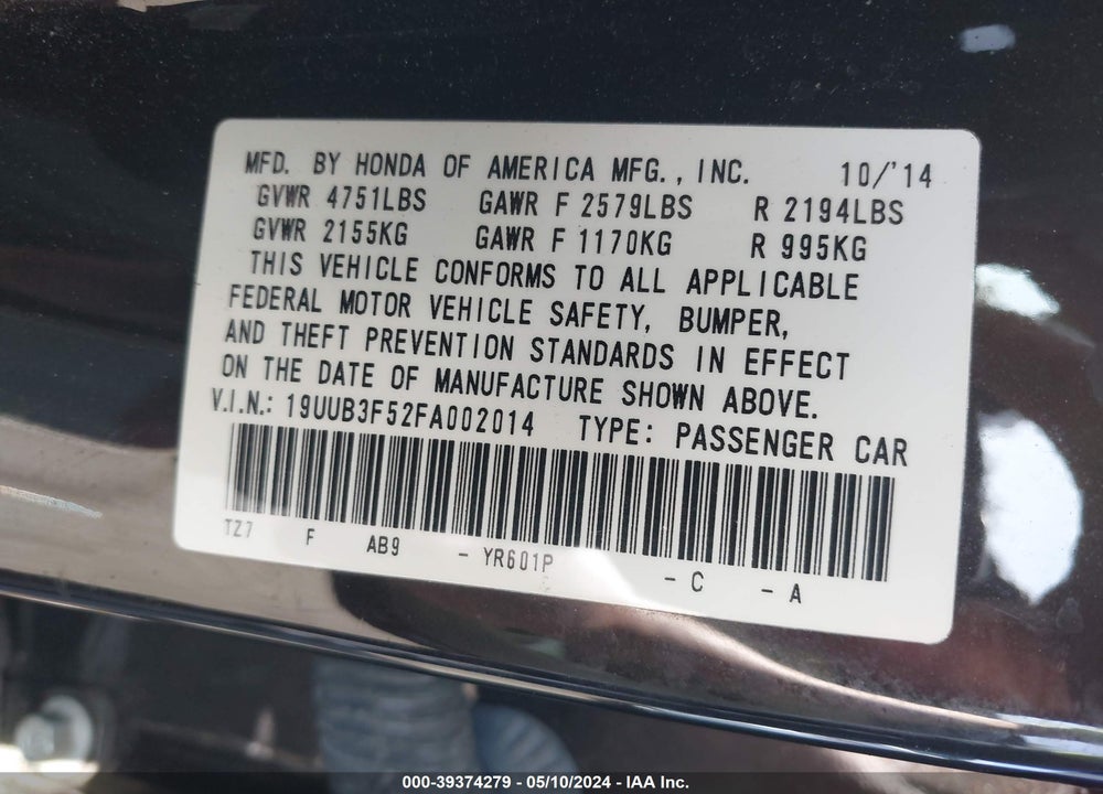 2015 ACURA TLX V6 TECH VIN: 19UUB3F52FA002014