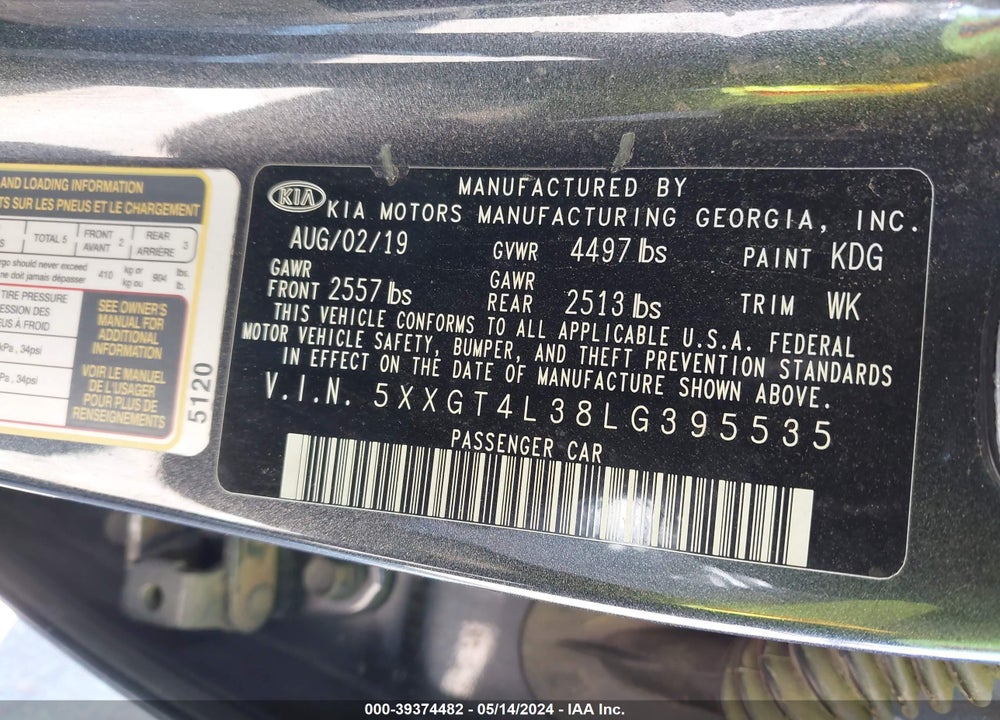 2020 KIA OPTIMA LX VIN: 5XXGT4L38LG395535