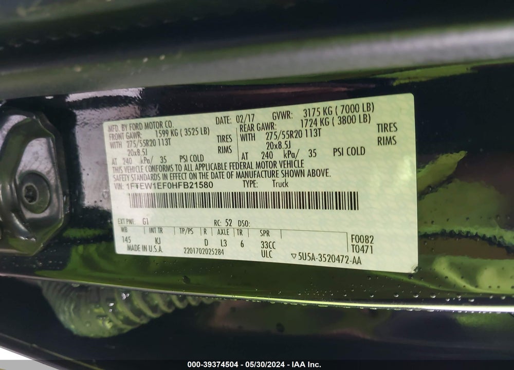 2017 KING FORD F-150  RANCH VIN: 1FTEW1EF0HFB21580