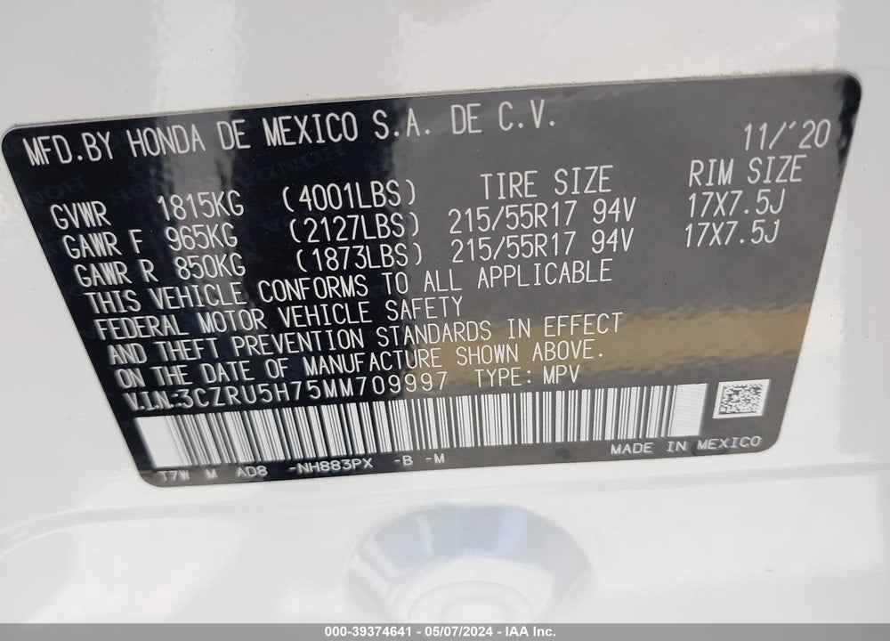 2021 HONDA HR-V 2WD EX-L VIN: 3CZRU5H75MM709997