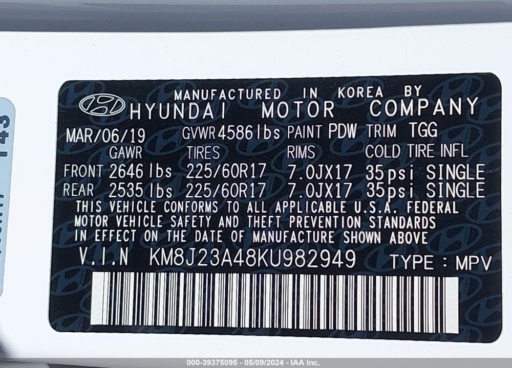 2019 HYUNDAI TUCSON SE VIN: KM8J23A48KU982949