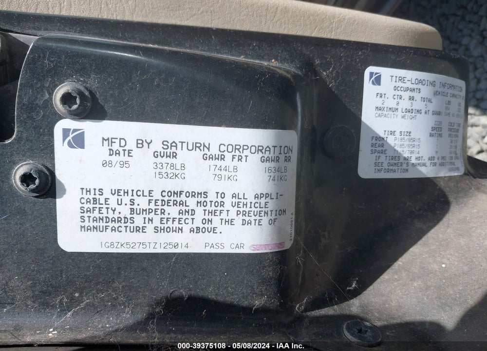 1996 SATURN SL2 VIN: 1G8ZK5275TZ125014
