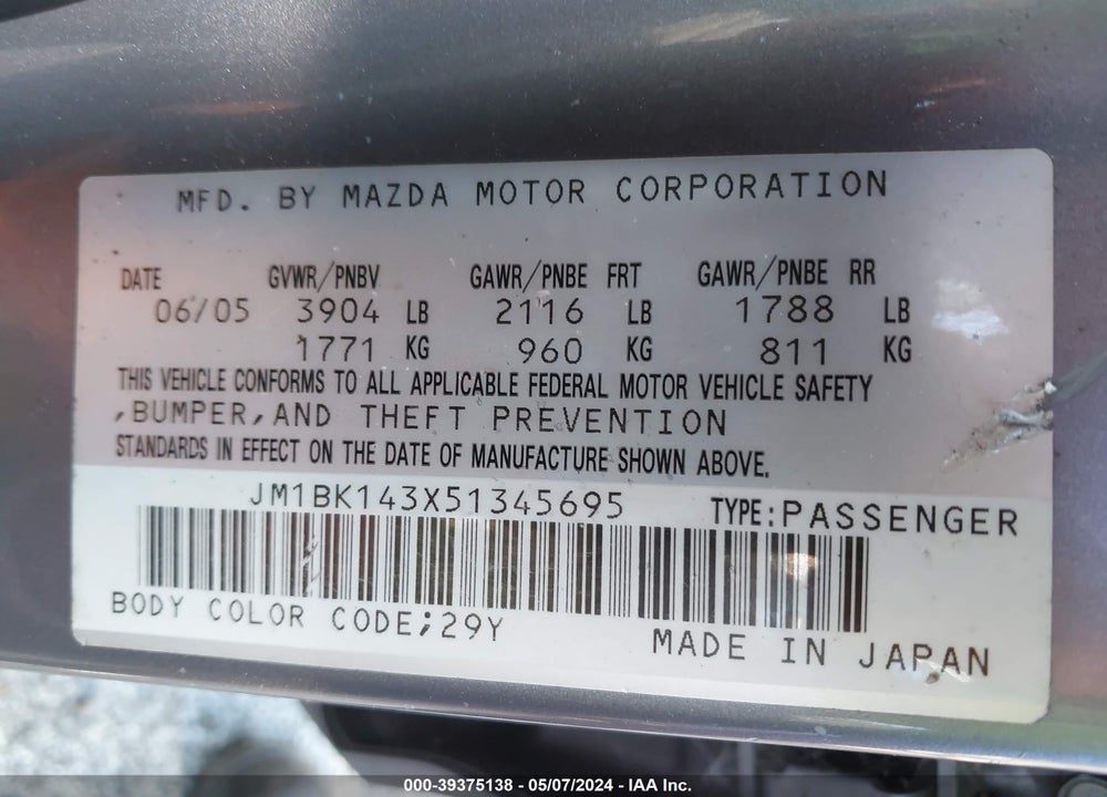 2005 MAZDA 3 S VIN: JM1BK143X51345695