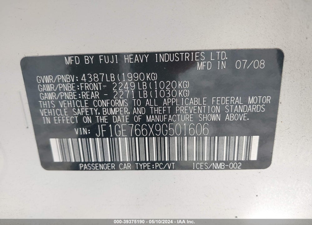 2009 SUBARU IMPREZA WRX VIN: JF1GE766X9G501606