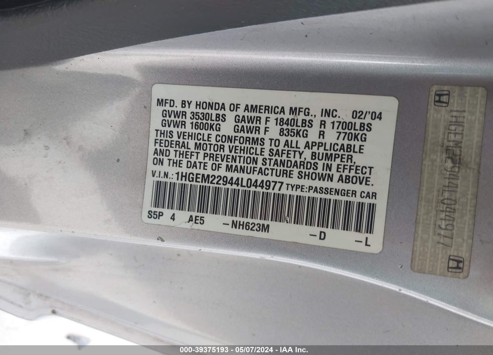 2004 HONDA CIVIC EX VIN: 1HGEM22944L044977