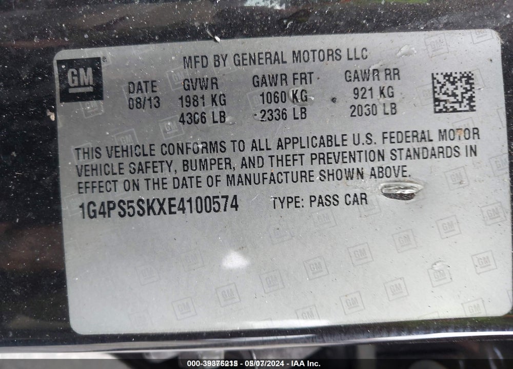 2014 BUICK VERANO LEATHER GROUP VIN: 1G4PS5SKXE4100574