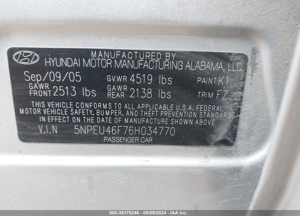 2006 HYUNDAI SONATA GLS V6/LX V6 VIN: 5NPEU46F76H034770