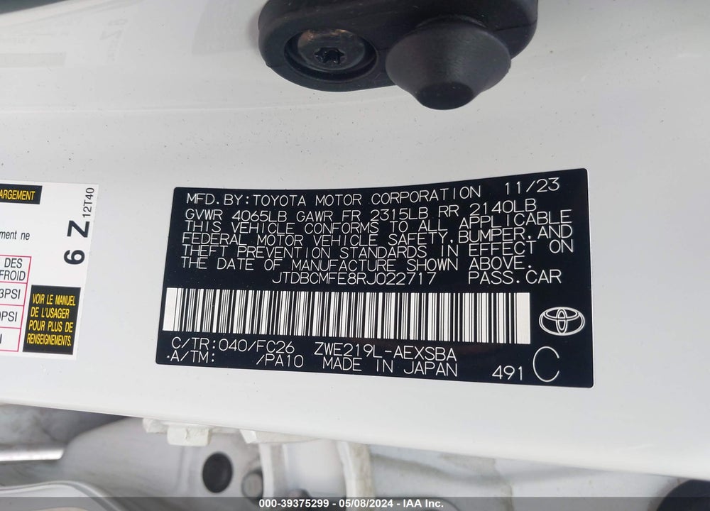 2024 TOYOTA COROLLA HYBRID SE VIN: JTDBCMFE8RJ022717