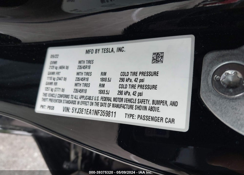 2022 TESLA MODEL 3 REAR-WHEEL DRIVE VIN: 5YJ3E1EA1NF359811