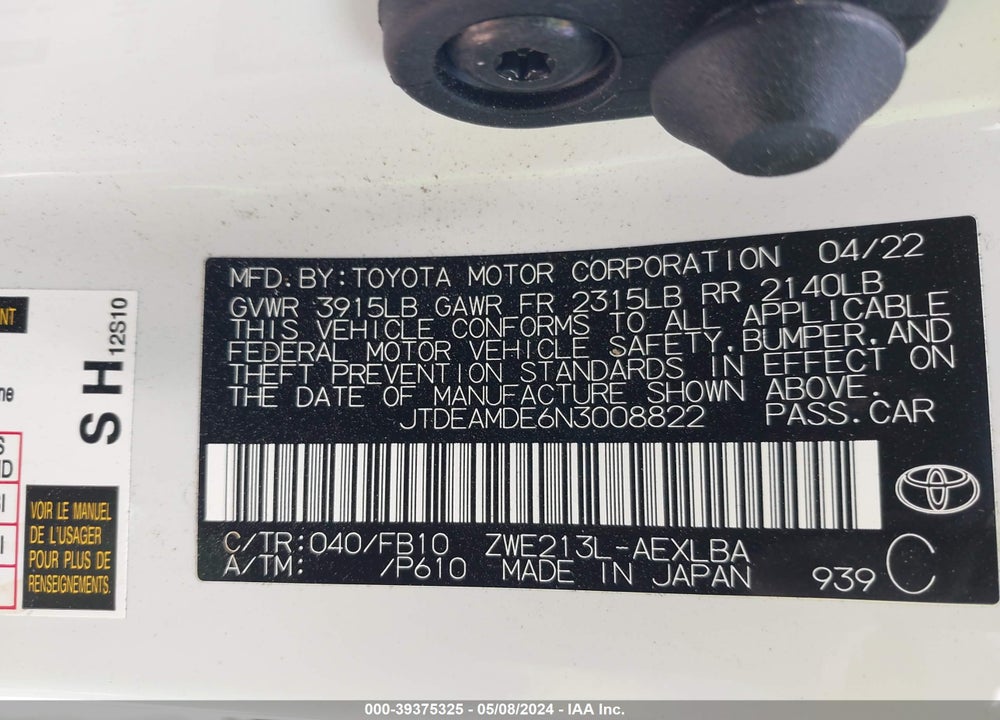 2022 TOYOTA COROLLA HYBRID LE VIN: JTDEAMDE6N3008822