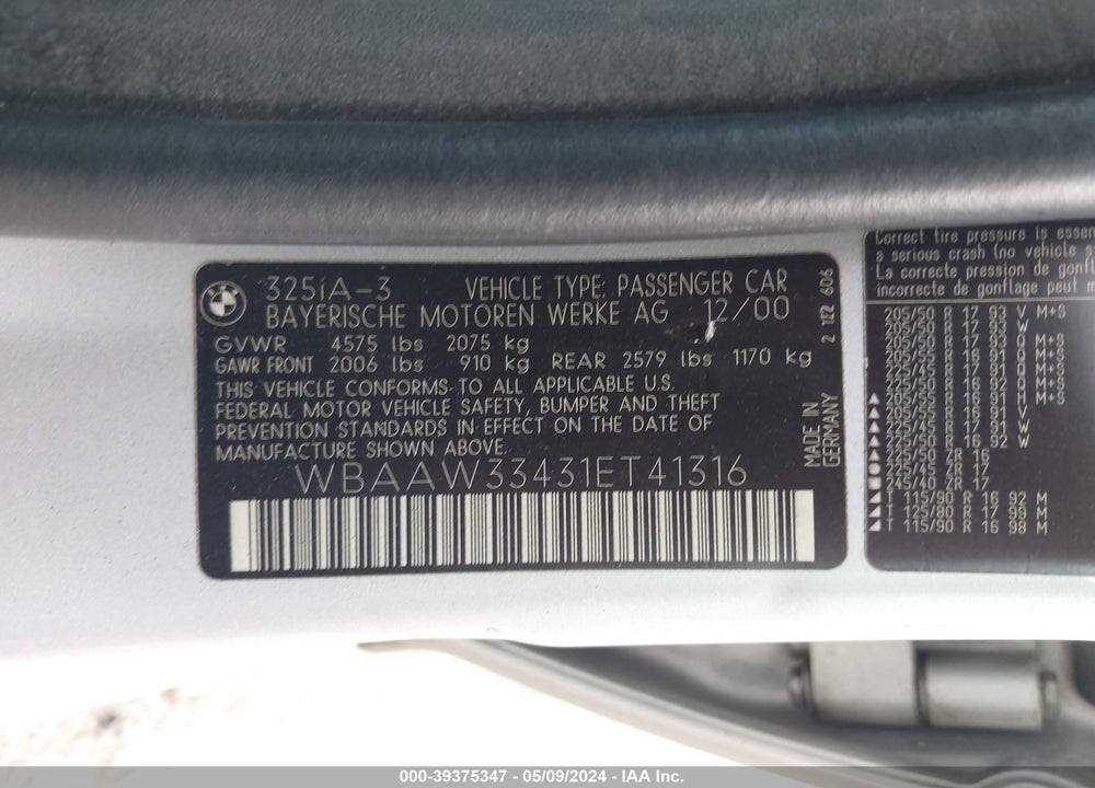 2001 BMW 325I VIN: WBAAW33431ET41316