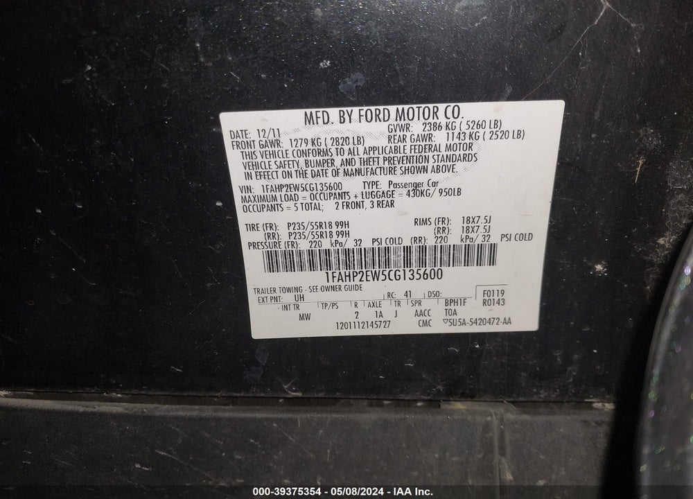 2012 FORD TAURUS SEL VIN: 1FAHP2EW5CG135600