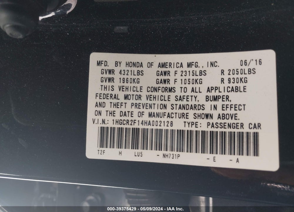 2017 HONDA ACCORD SPORT SE VIN: 1HGCR2F14HA002128