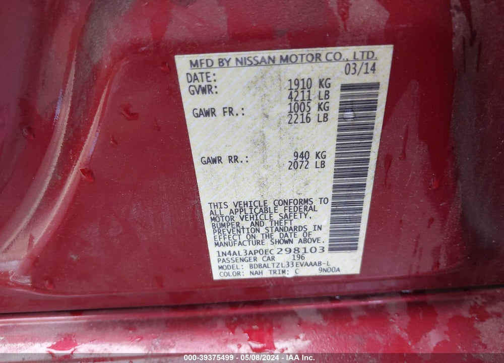 2014 NISSAN ALTIMA 2.5 SV VIN: 1N4AL3AP0EC298103