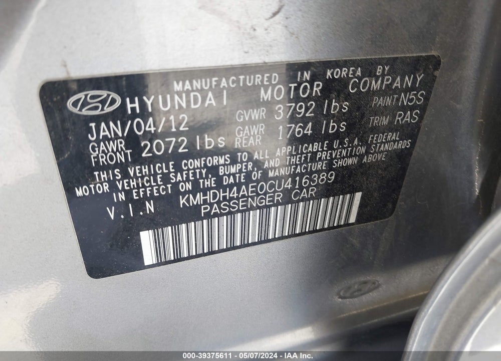 2012 HYUNDAI ELANTRA GLS (ULSAN PLANT) VIN: KMHDH4AE0CU416389