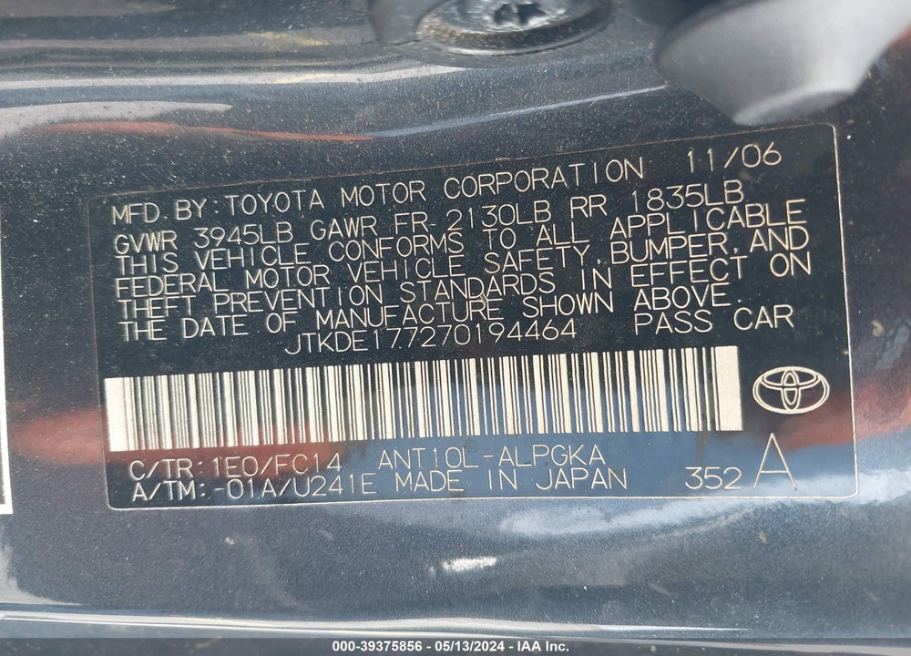 2007 SCION TC VIN: JTKDE177270194464
