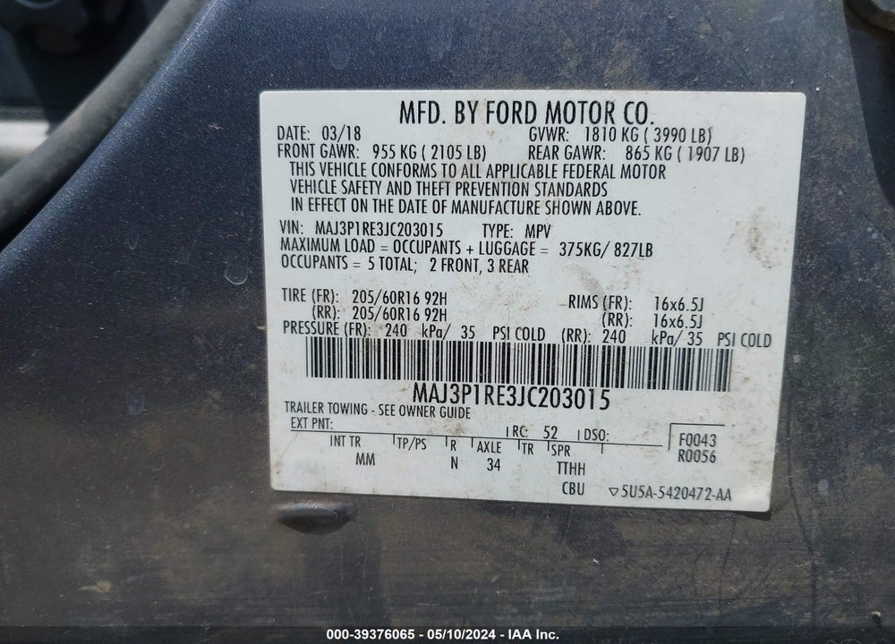 2018 FORD ECOSPORT S VIN: MAJ3P1RE3JC203015