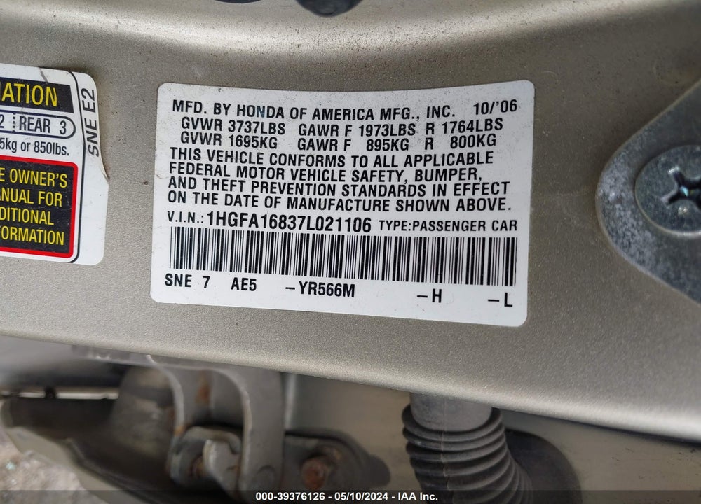 2007 HONDA CIVIC EX VIN: 1HGFA16837L021106