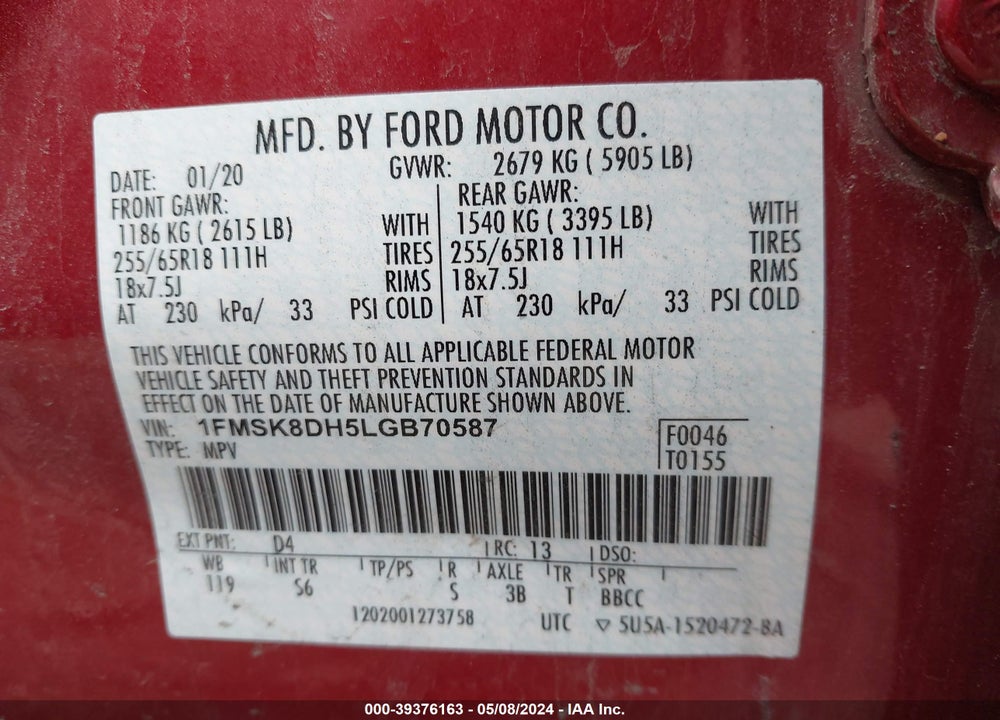 2020 FORD EXPLORER XLT VIN: 1FMSK8DH5LGB70587
