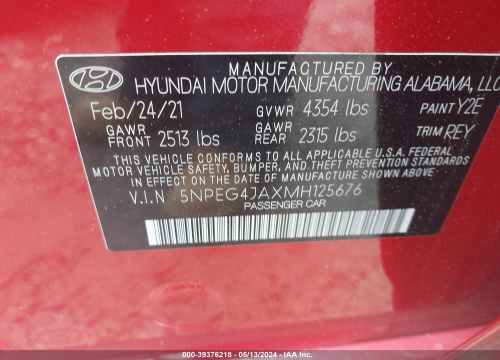 2021 HYUNDAI SONATA SE VIN: 5NPEG4JAXMH125676