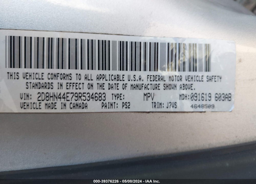 2009 DODGE GRAND CARAVAN SE VIN: 2D8HN44E79R534683