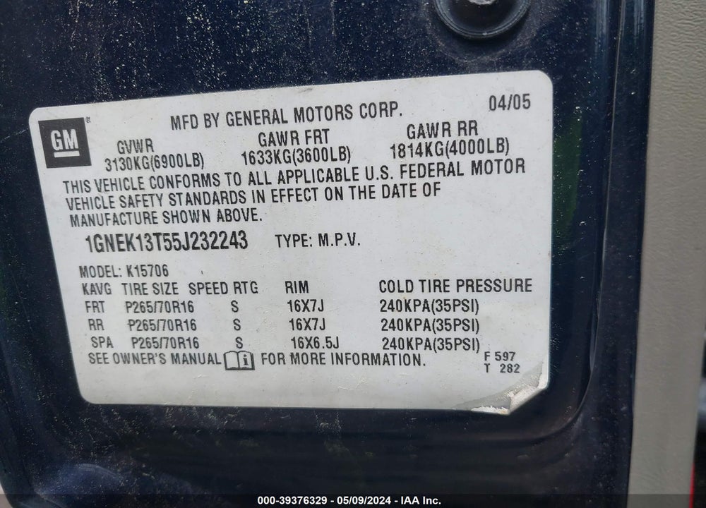 2005 CHEVROLET TAHOE K1500 VIN: 1GNEK13T55J232243