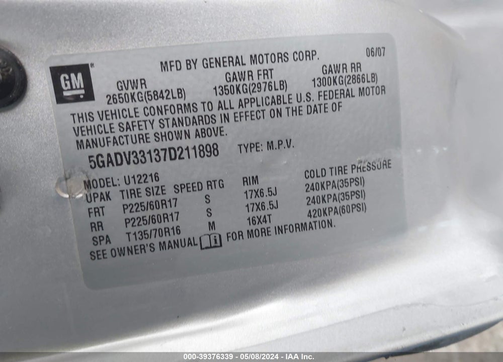 2007 BUICK TERRAZA CXL VIN: 5GADV33137D211898
