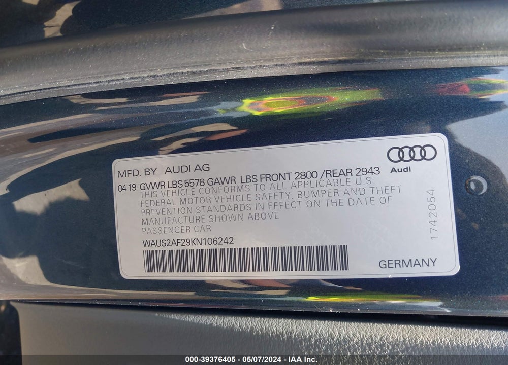 2019 AUDI A7 55 PREMIUM VIN: WAUS2AF29KN106242