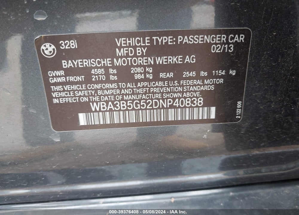 2013 BMW 328I XDRIVE VIN: WBA3B5G52DNP40838