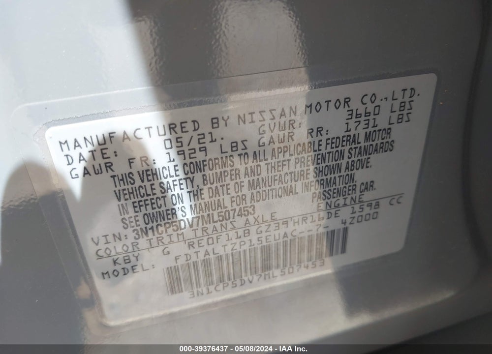 2021 NISSAN KICKS SR XTRONIC CVT VIN: 3N1CP5DV7ML507453