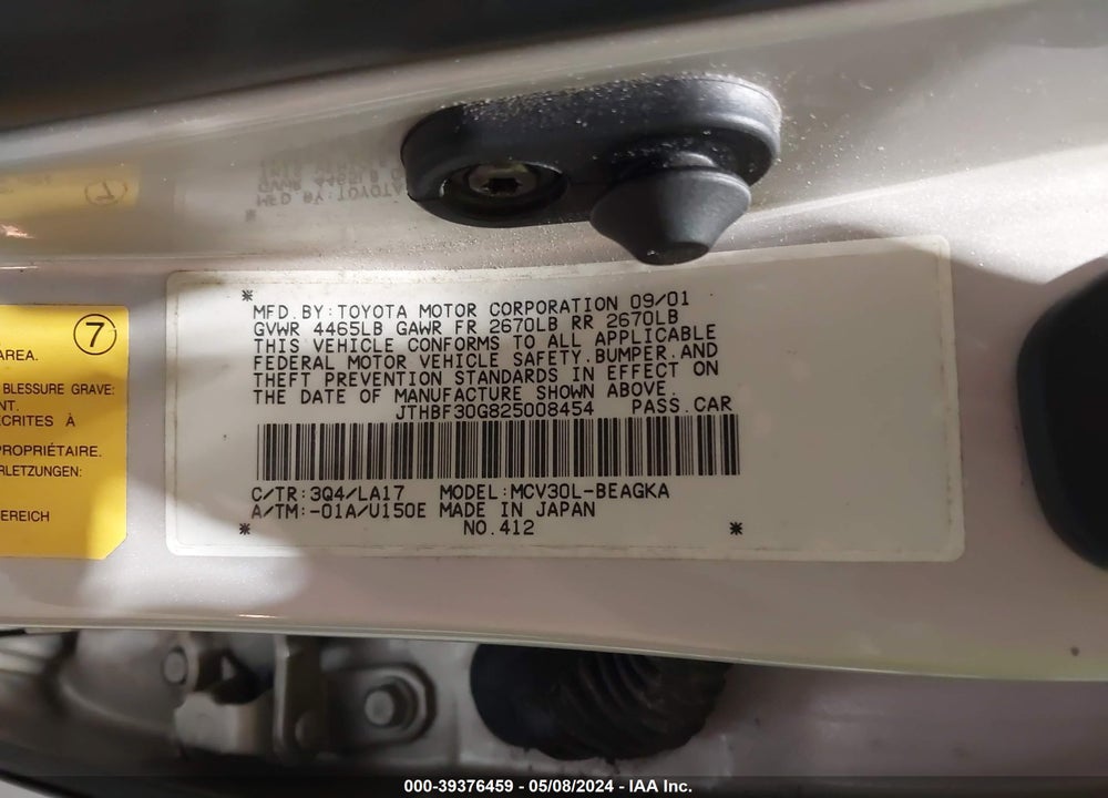 2002 LEXUS ES 300 VIN: JTHBF30G825008454
