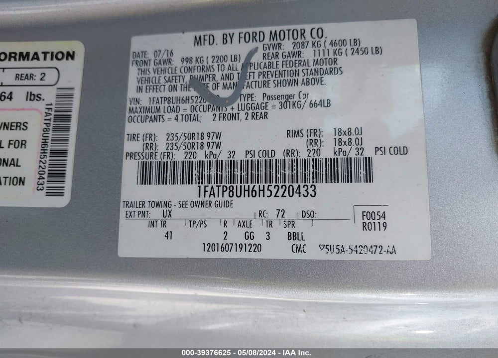 2017 FORD MUSTANG ECOBOOST PREMIUM VIN: 1FATP8UH6H5220433