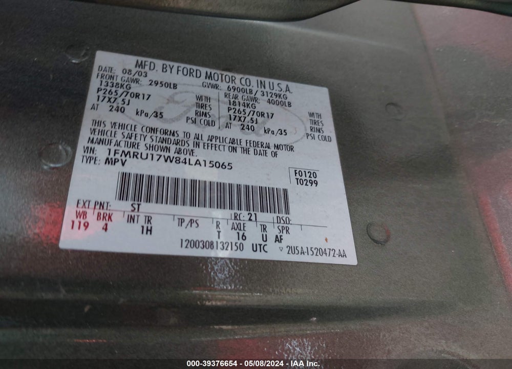 2004 FORD EXPEDITION EDDIE BAUER VIN: 1FMRU17W84LA15065