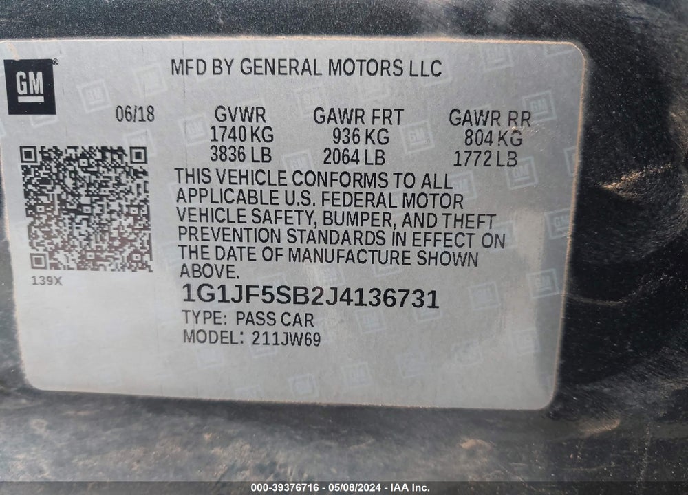 2018 CHEVROLET SONIC PREMIER AUTO VIN: 1G1JF5SB2J4136731