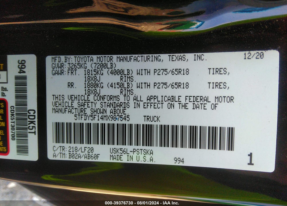 2021 TOYOTA TUNDRA TRD PRO VIN: 5TFDY5F14MX987545
