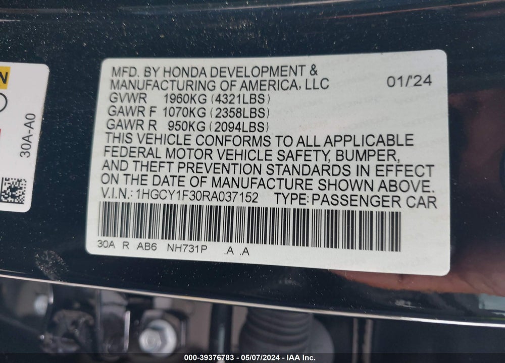 2024 HONDA ACCORD EX VIN: 1HGCY1F30RA037152