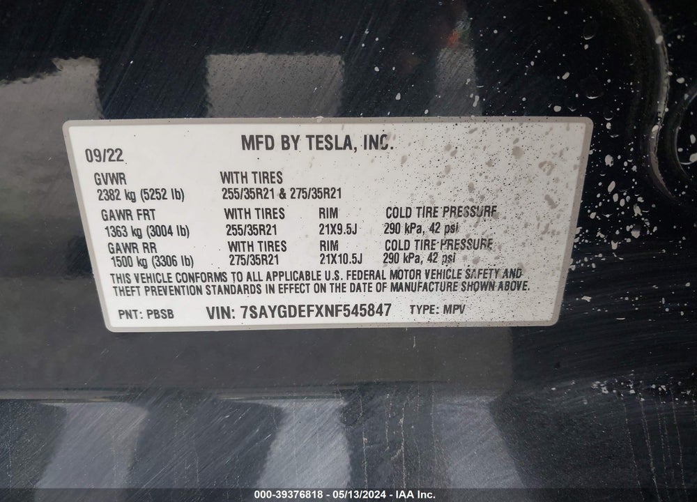 2022 TESLA MODEL Y PERFORMANCE DUAL MOTOR ALL-WHEEL DRIVE VIN: 7SAYGDEFXNF545847