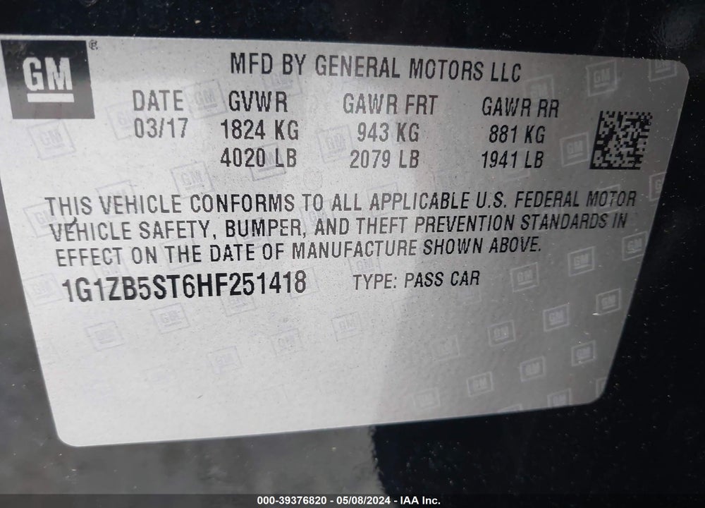 2017 CHEVROLET MALIBU LS VIN: 1G1ZB5ST6HF251418