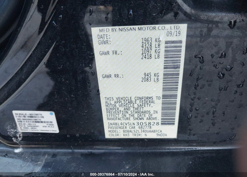 2020 NISSAN ALTIMA SR FWD VIN: 1N4BL4CV5LN305828