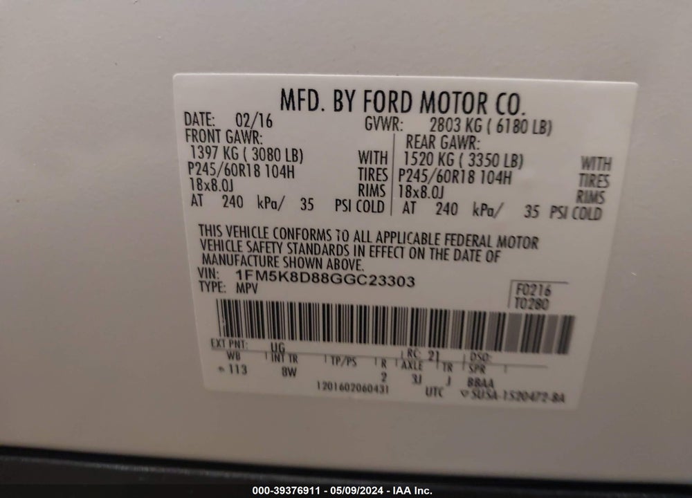 2016 FORD EXPLORER XLT VIN: 1FM5K8D88GGC23303