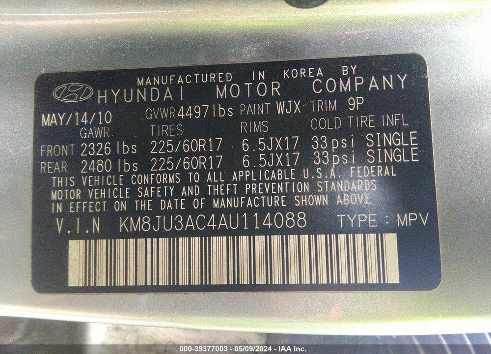 2010 HYUNDAI TUCSON GLS VIN: KM8JU3AC4AU114088